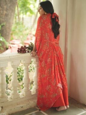Floral Coral Red Tunic with Draped Back